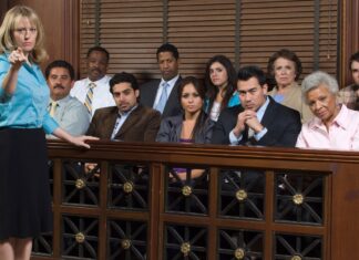 a group of people in a courtroom