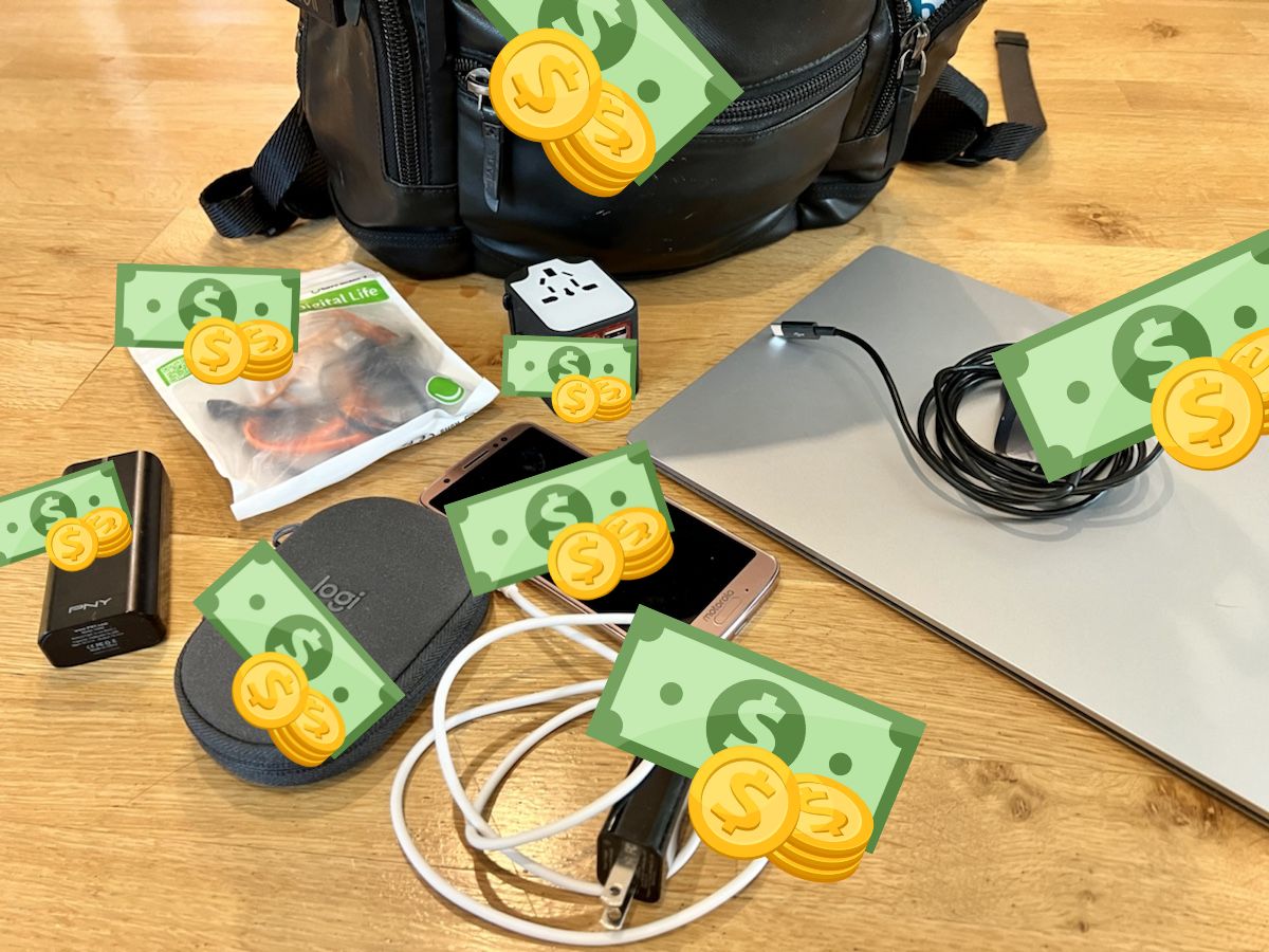 a bag with money and a laptop