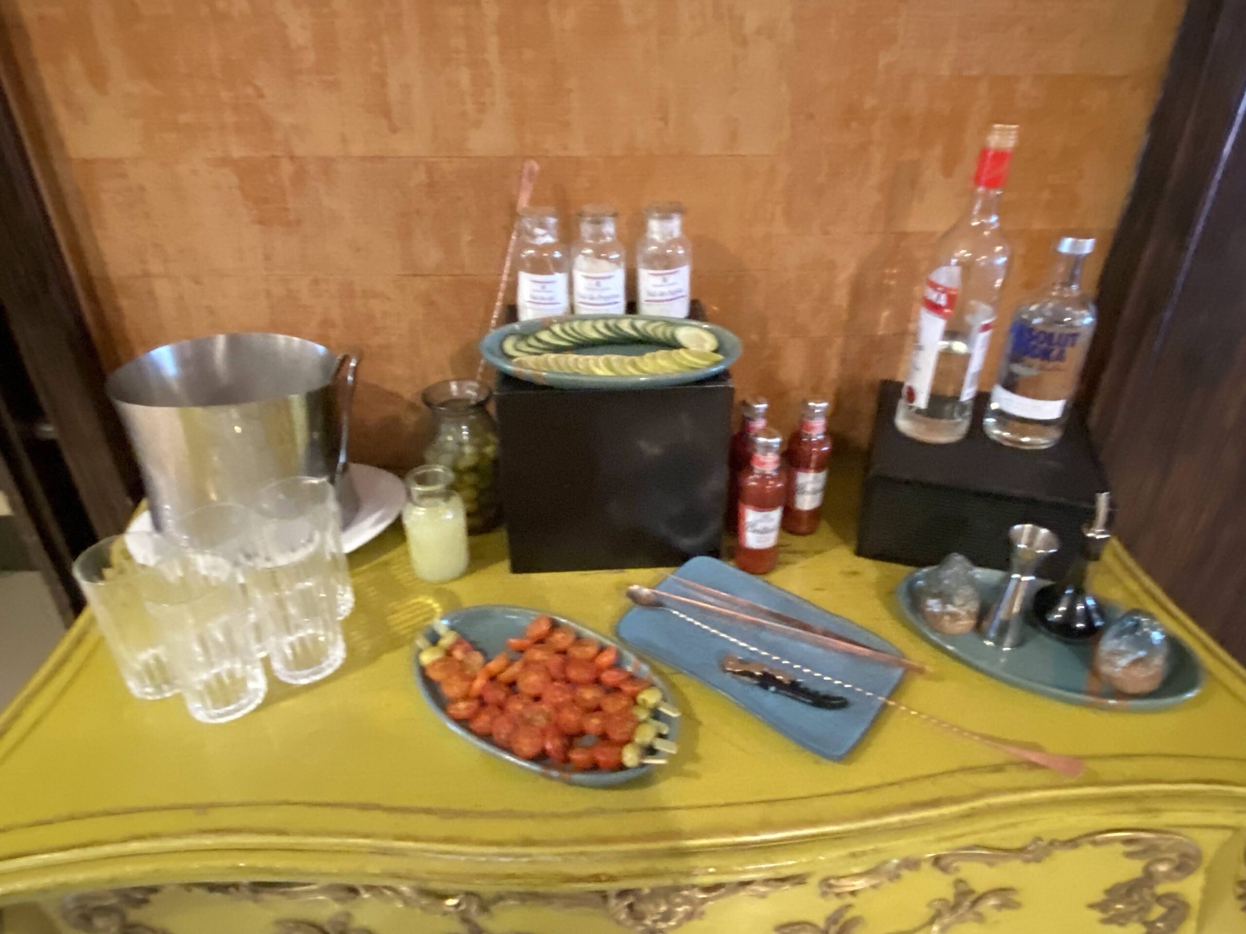 a table with food and drinks on it