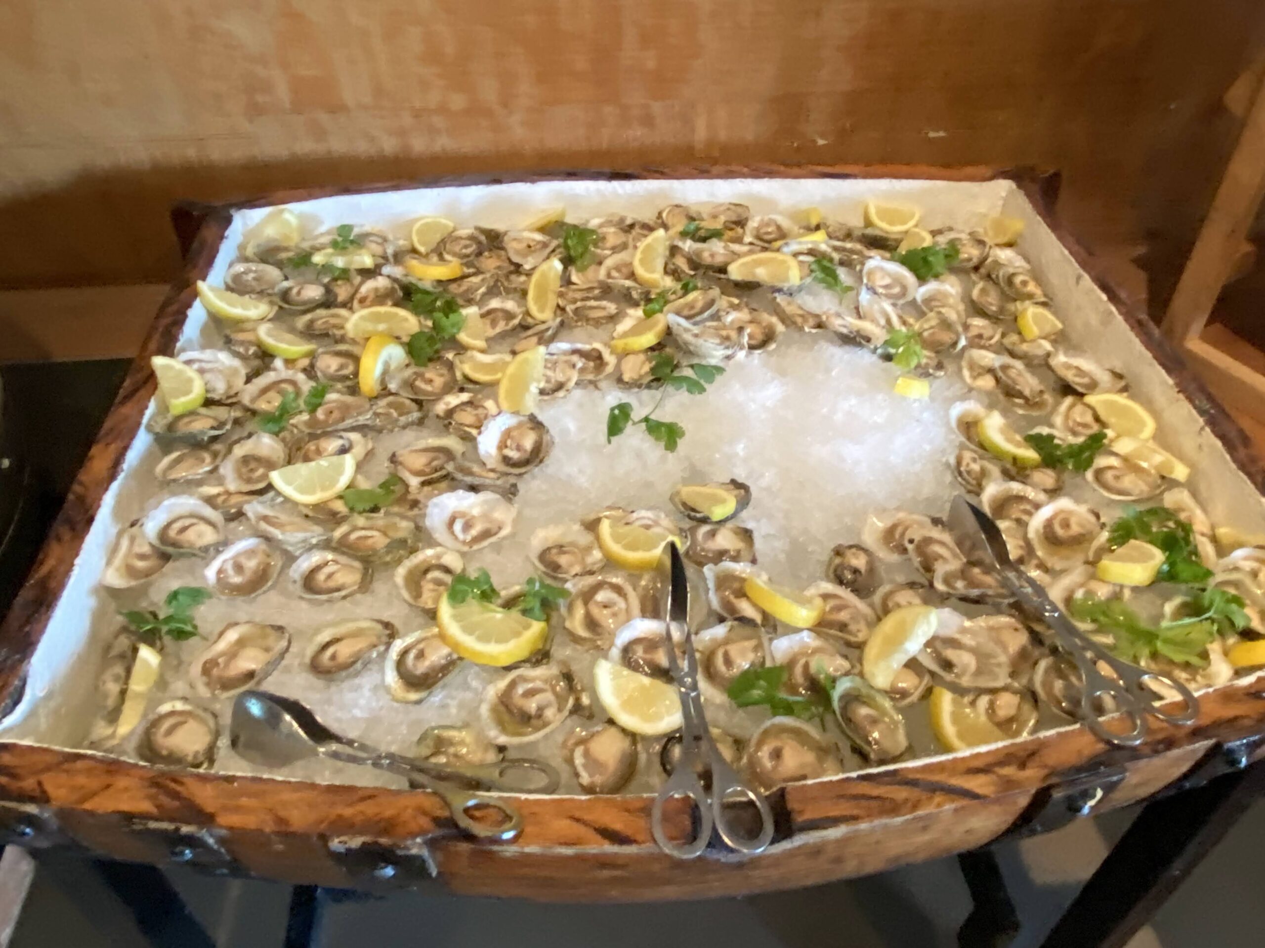 a tray of oysters with lemon slices and ice