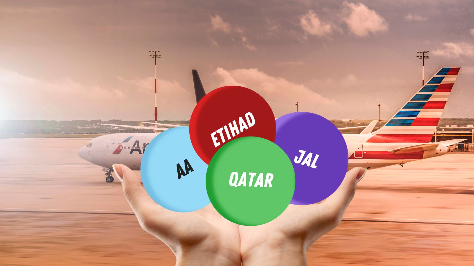 a person holding colorful circles with text in front of an airplane