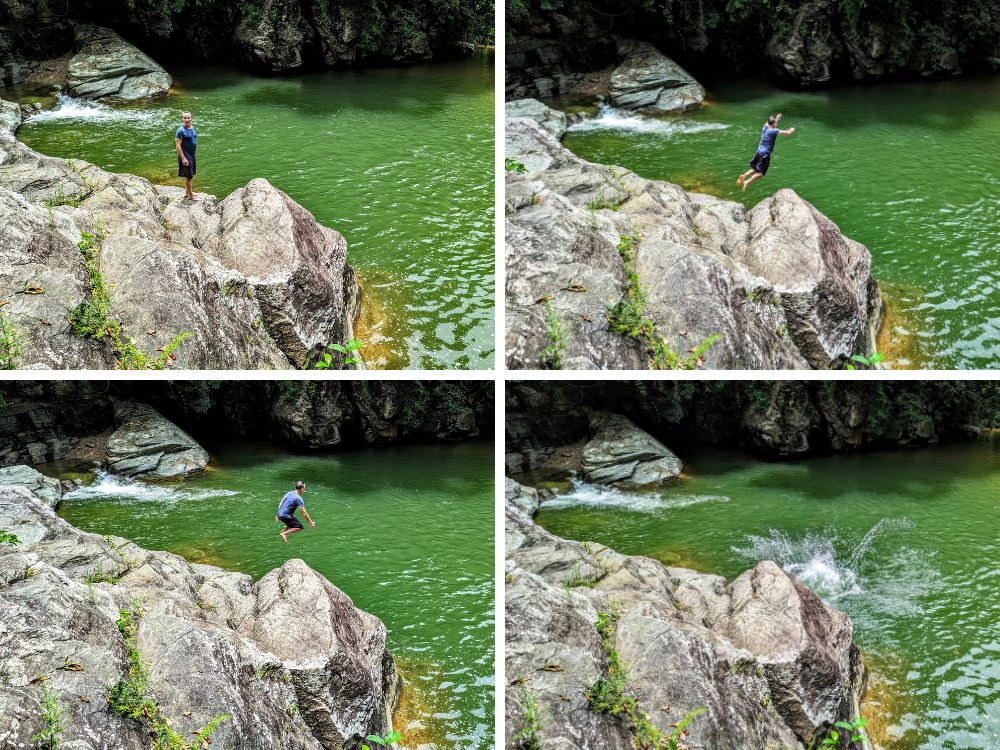 a collage of a man jumping into a river