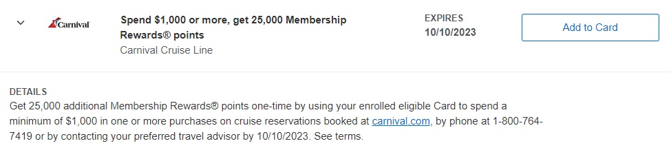 Carnival Amex Offer Spend $1,000 Get 25,000 Membership Rewards