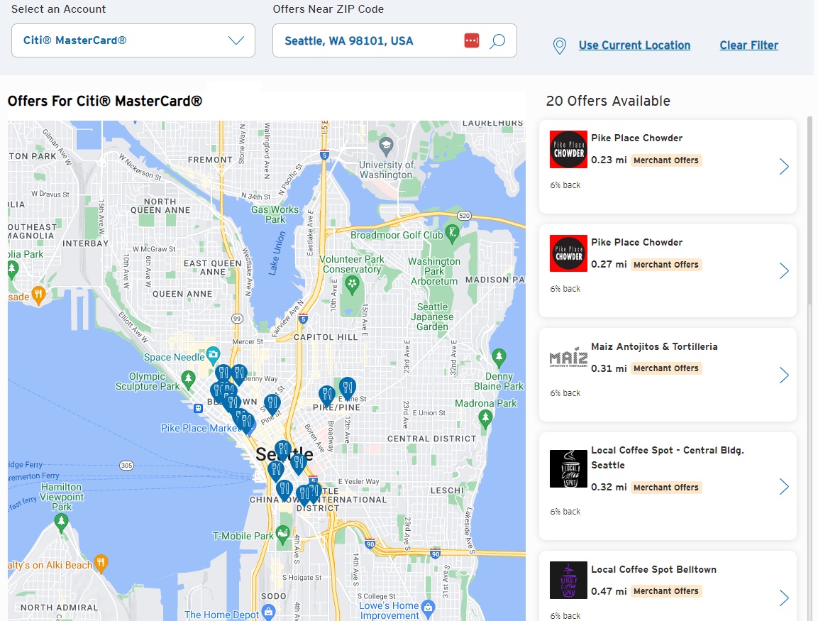 Citi Offers Nearby map page - Seattle