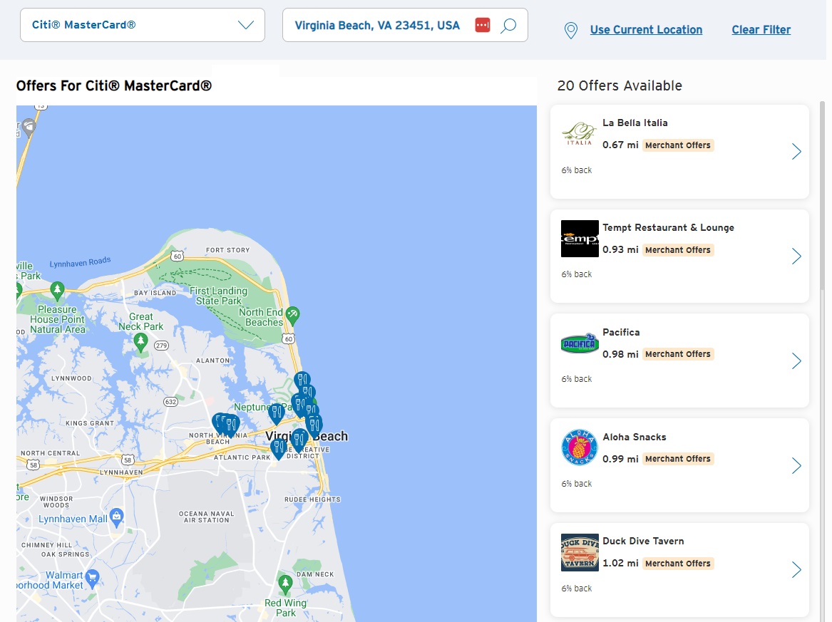Citi Offers Nearby map page - VA Beach