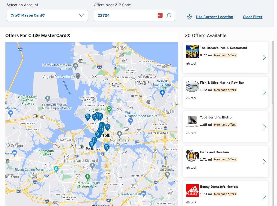 Citi Offers Nearby map page