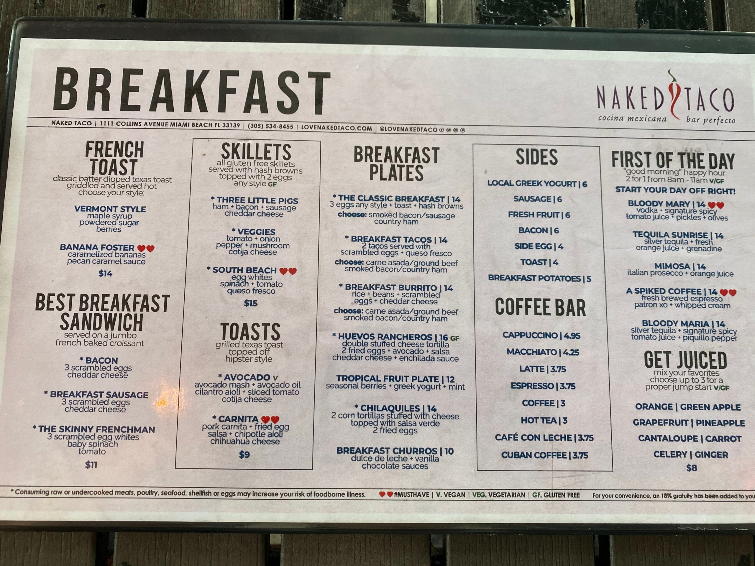 a menu of breakfast and a bar