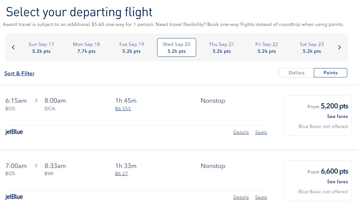 JetBlue BOS-WAS 09.20.23 no promo code points