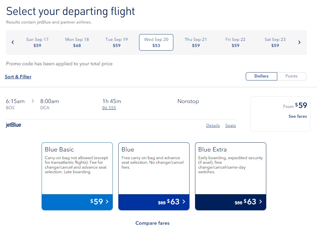 JetBlue BOS-WAS 09.20.23 with promo code cash different fares