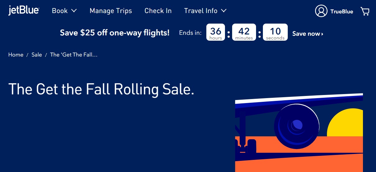 JetBlue promo code FALLTRAVEL $25 off one-way flights