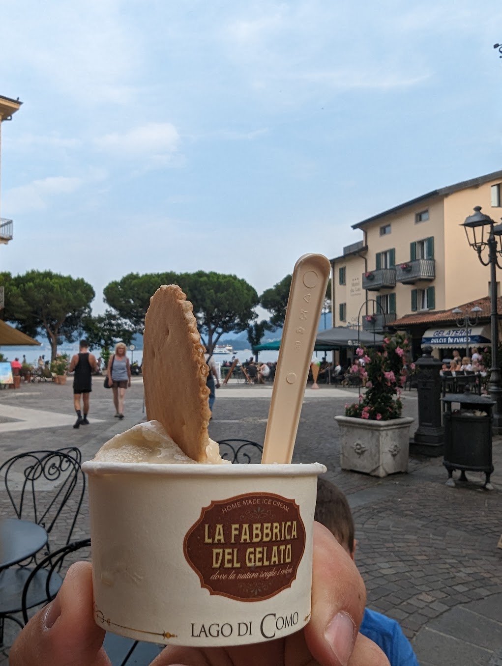 a hand holding a cup of ice cream with a cookie on top