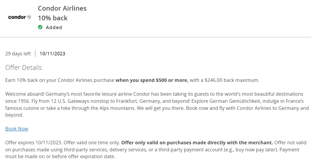 Condor Airlines Chase Offer 10% $2,460 spend