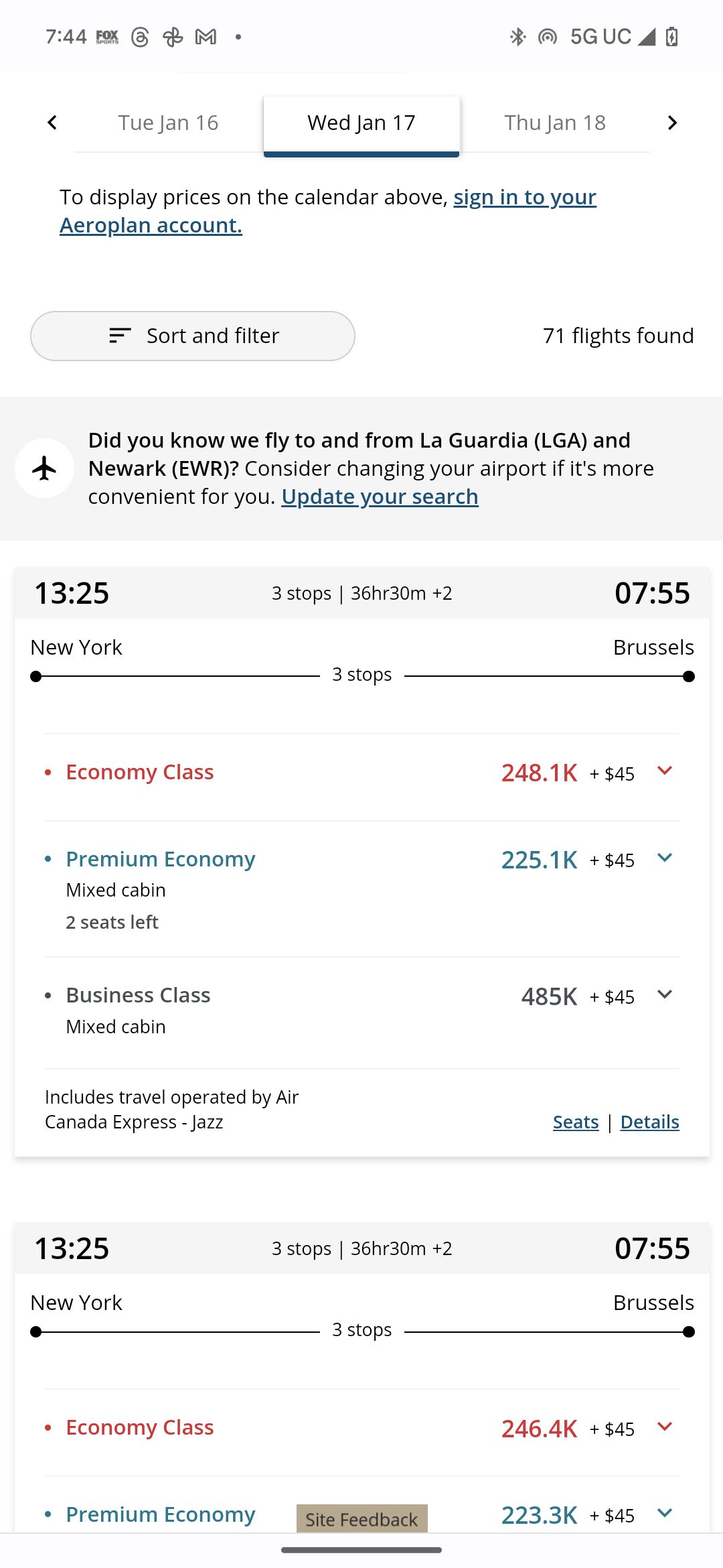 screenshot of a flight schedule