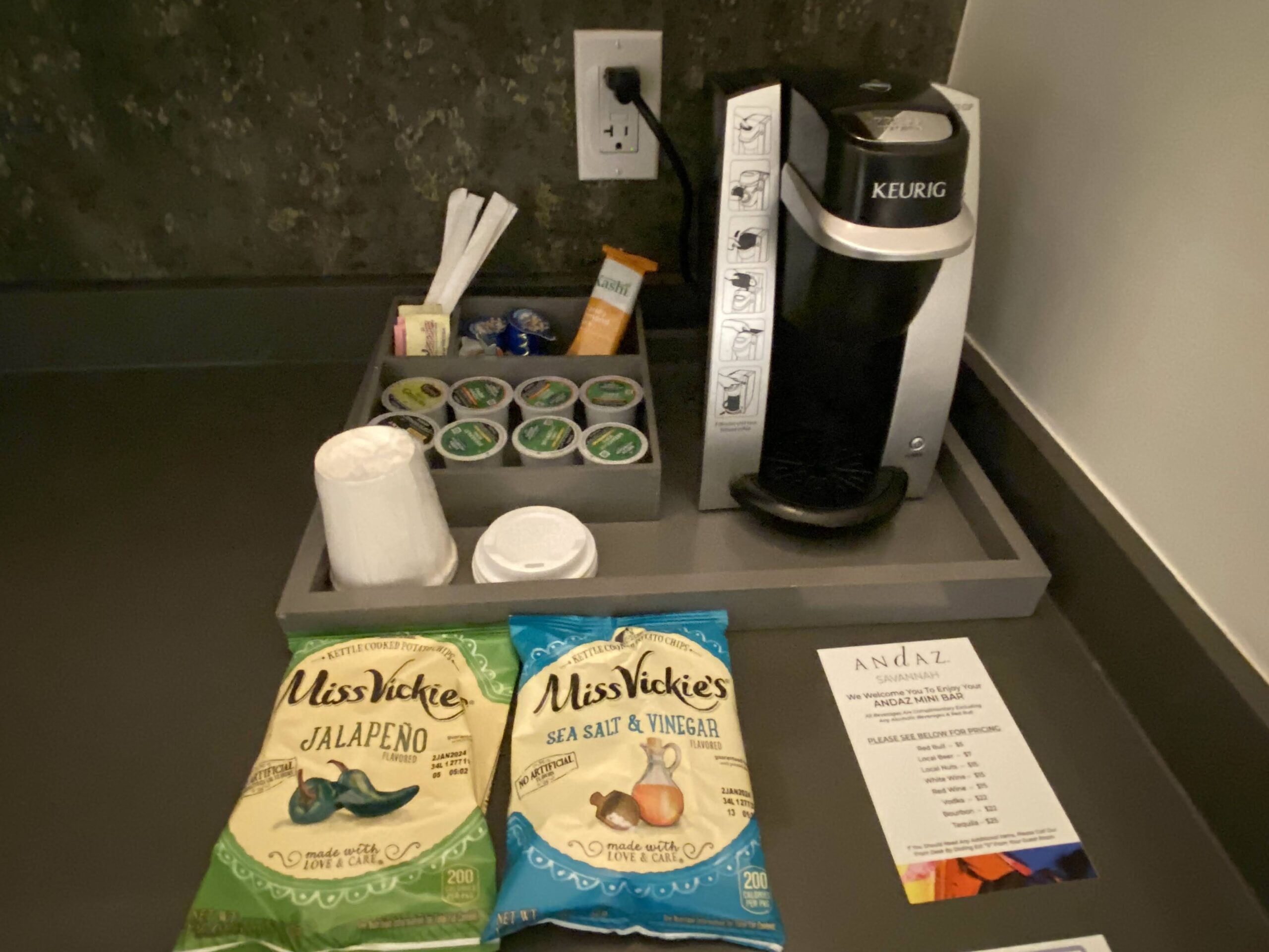 a coffee machine and a bag of food