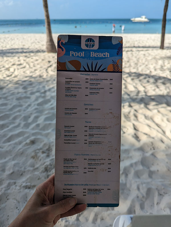 Intercontinental Cancun - Le Cap Beach Club pool & beach menu