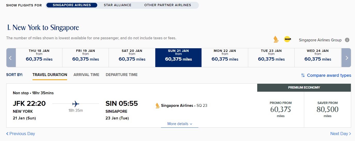 Singapore Airlines award sale JFK-SIN