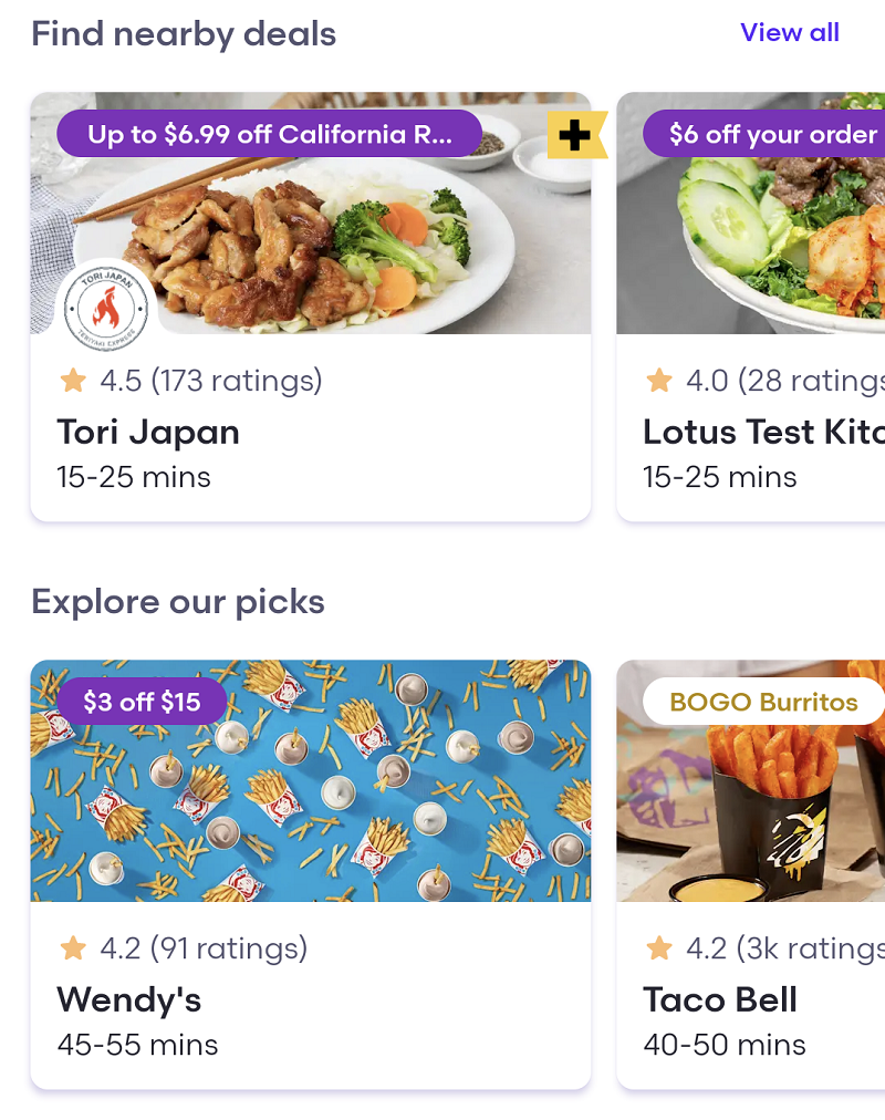 Examples of discounted food offers on Grubhub
