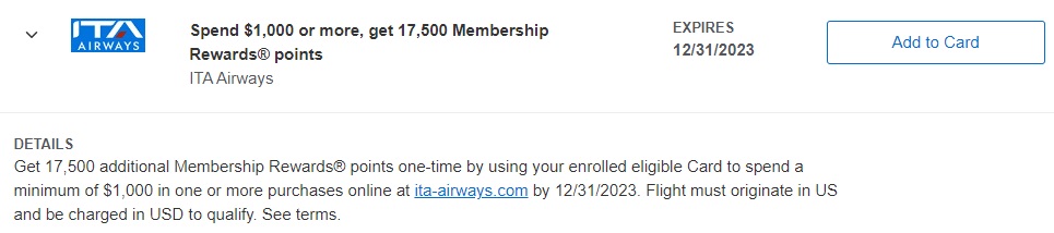 ITA Airways Amex Offer spend $1,000 get 17,500 bonus Membership Rewards