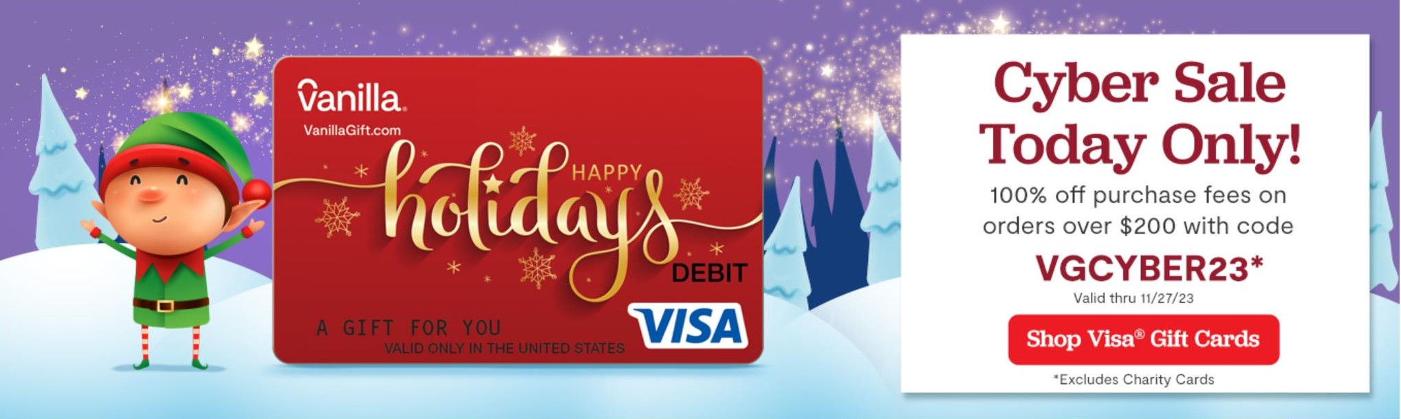 VanillaGift.com: No fees on digital Visa gift cards with promo code VGCYBER23 (today only)