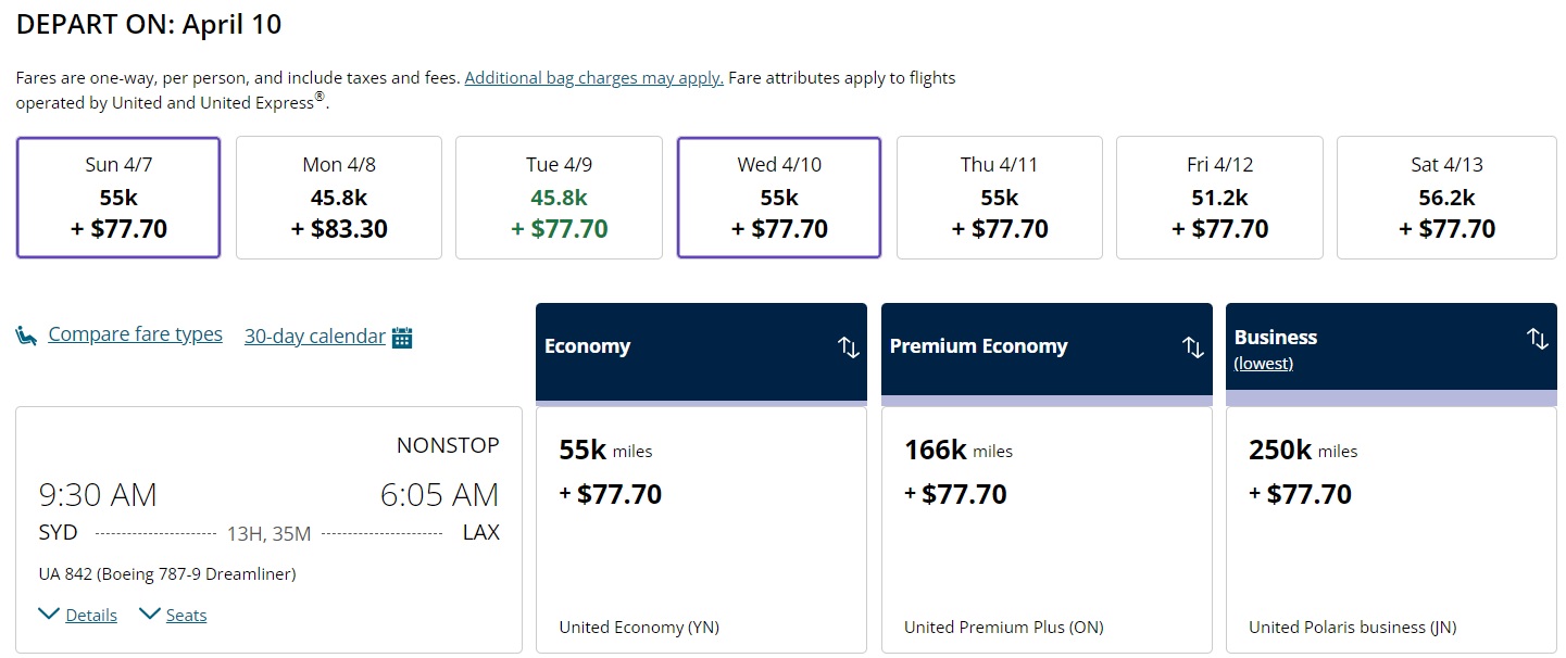 Award pricing for SYD-LAX