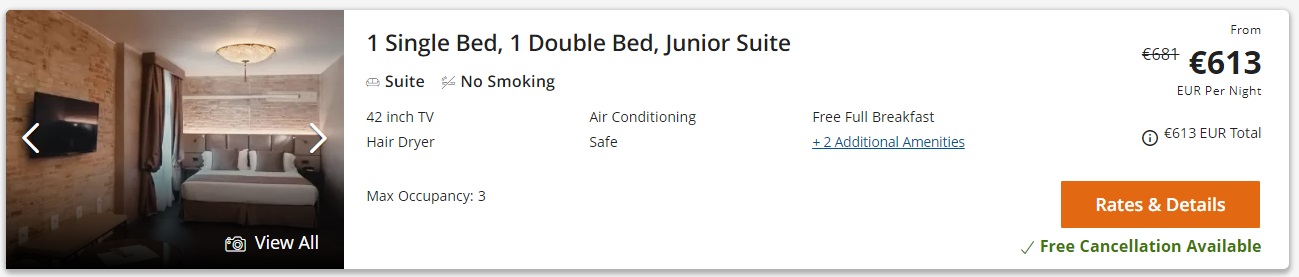 Hotel Aquarius Venice cash pricing for junior suite