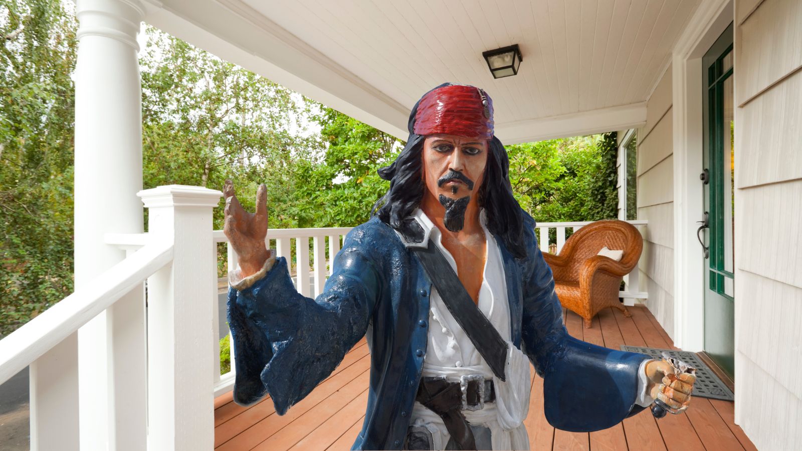 a statue of a man in a pirate garment on a porch