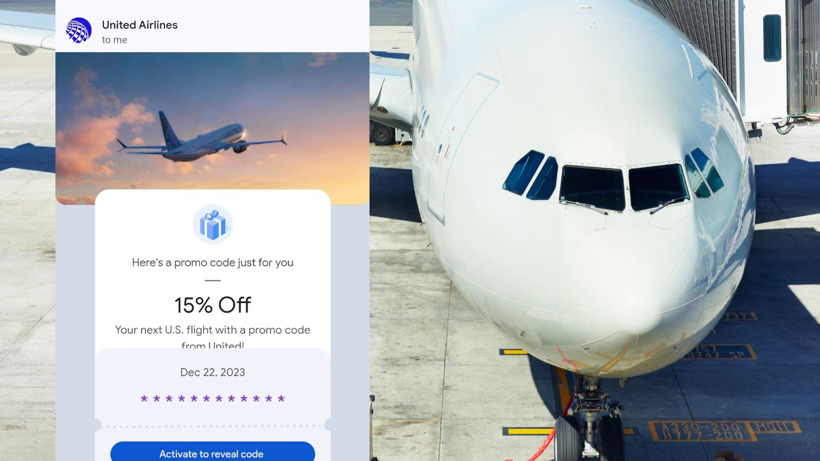 Targeted 15% off United economy with Gmail ad