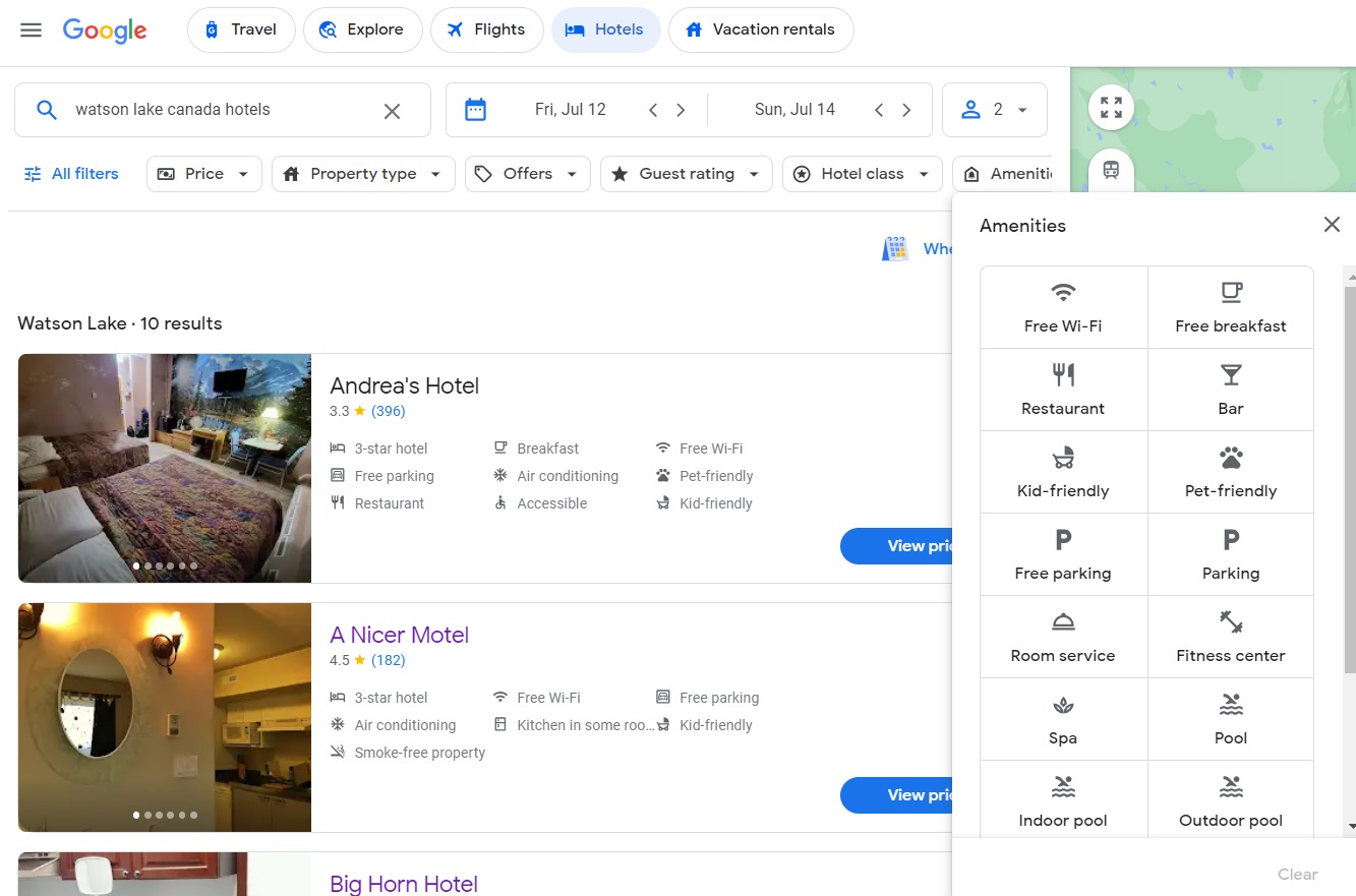 Google Hotels Amenities filter