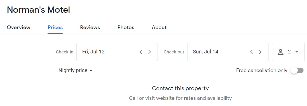 Google Hotels Norman's Motel pricing