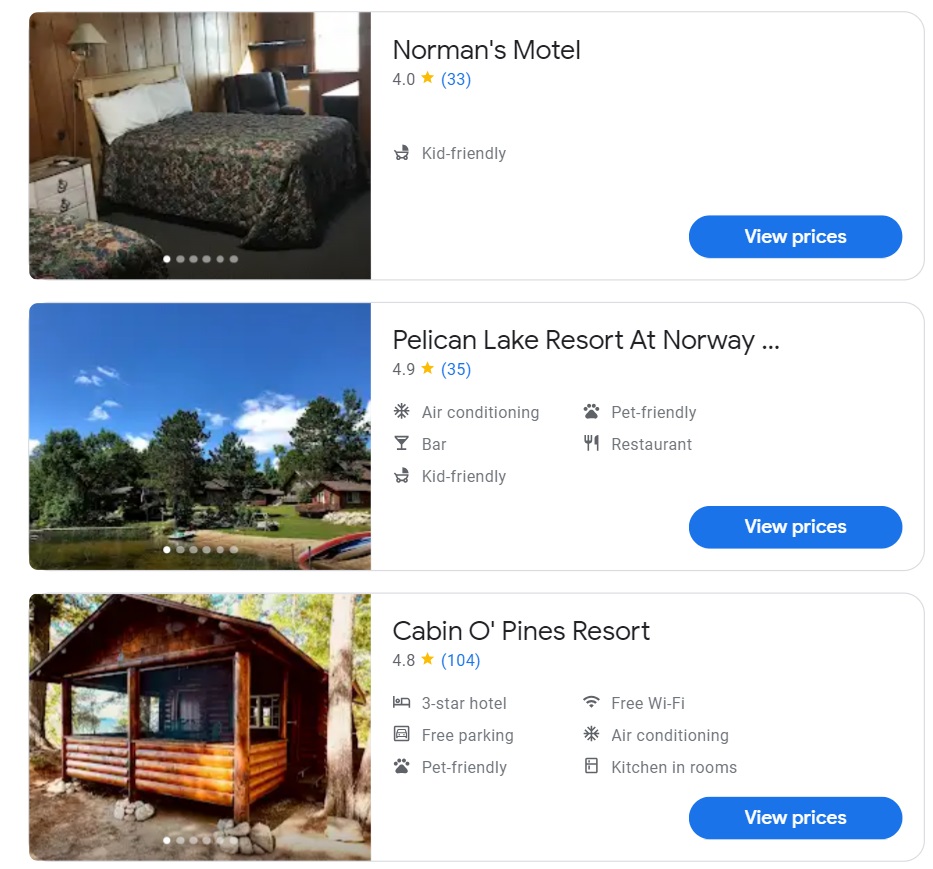 Google Hotels search results in Orr, MN