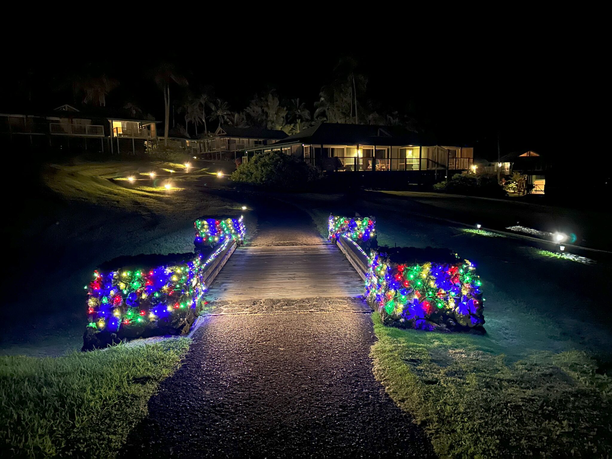 a walkway with lights on it