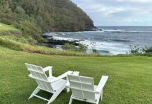 two white chairs on grass by the ocean