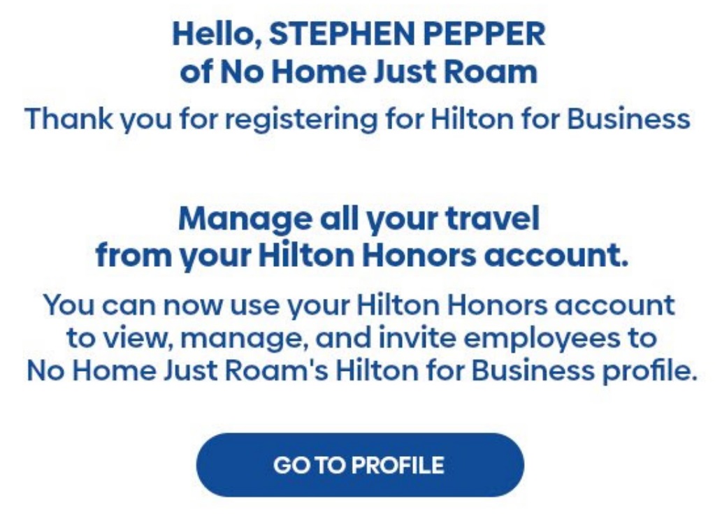 Hilton for Business welcome email
