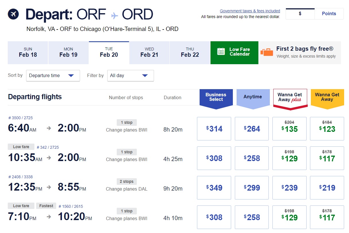 Southwest promo code WOW ORF-ORD