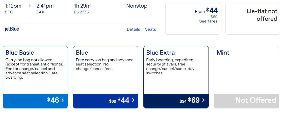 JetBlue airfare sale SFO-LAX cash price breakdown with promo code