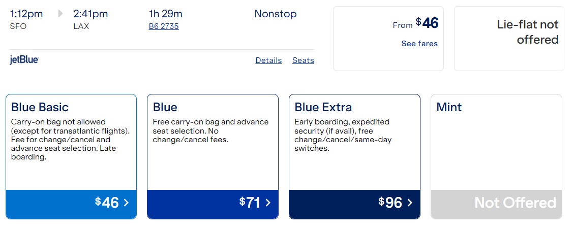 JetBlue airfare sale SFO-LAX cash price fare breakdown no promo code