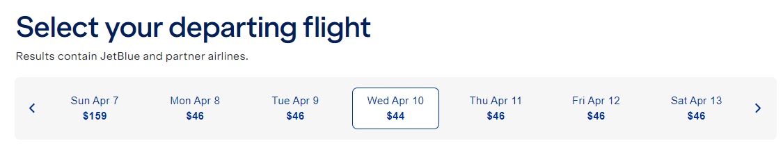 JetBlue airfare sale SFO-LAX cash price weekly view