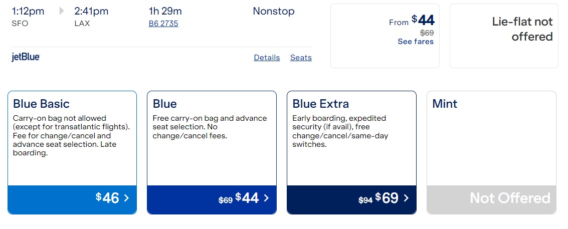 JetBlue airfare sale SFO-LAX cash price