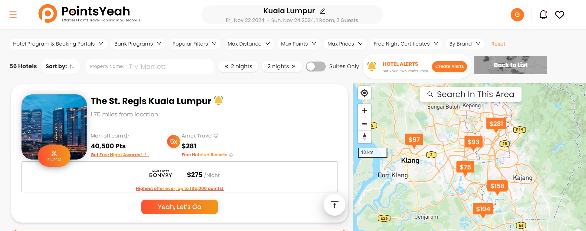 Shows PointsYeah Hotels search results for Kuala Lumpur. Image shows that the St Regis is available for 40,500 points or can be booked through Fine Hotels & Resorts