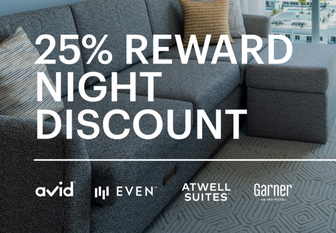 IHG award sale 15%-25% off Avid EVEN Atwell Suites Garner