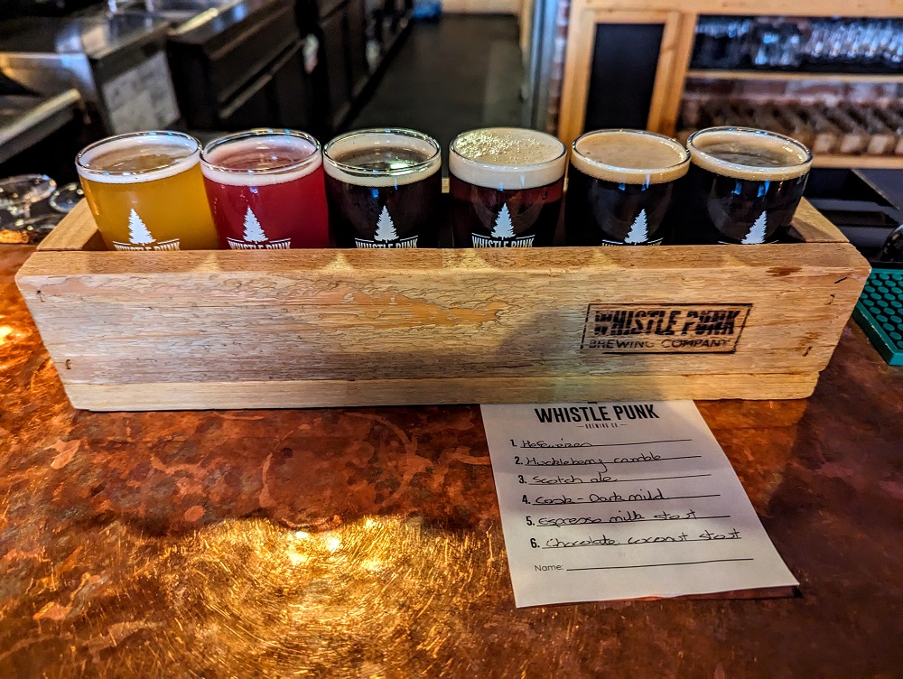 Beer flight at Whistle Punk Brewing. We loved it so much, we went there four times, plus it's dog-friendly inside and out