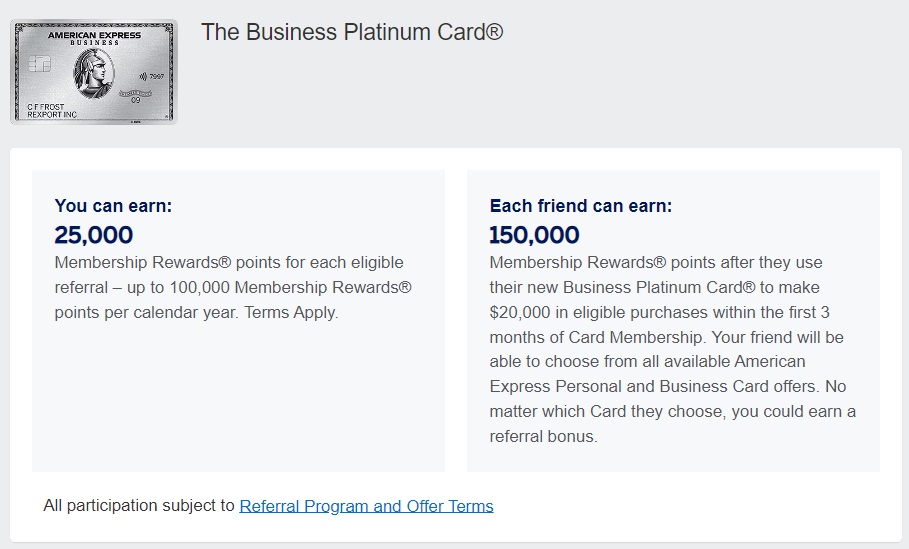 American Express Business Platinum 200,000 point referral offer - wrong offer
