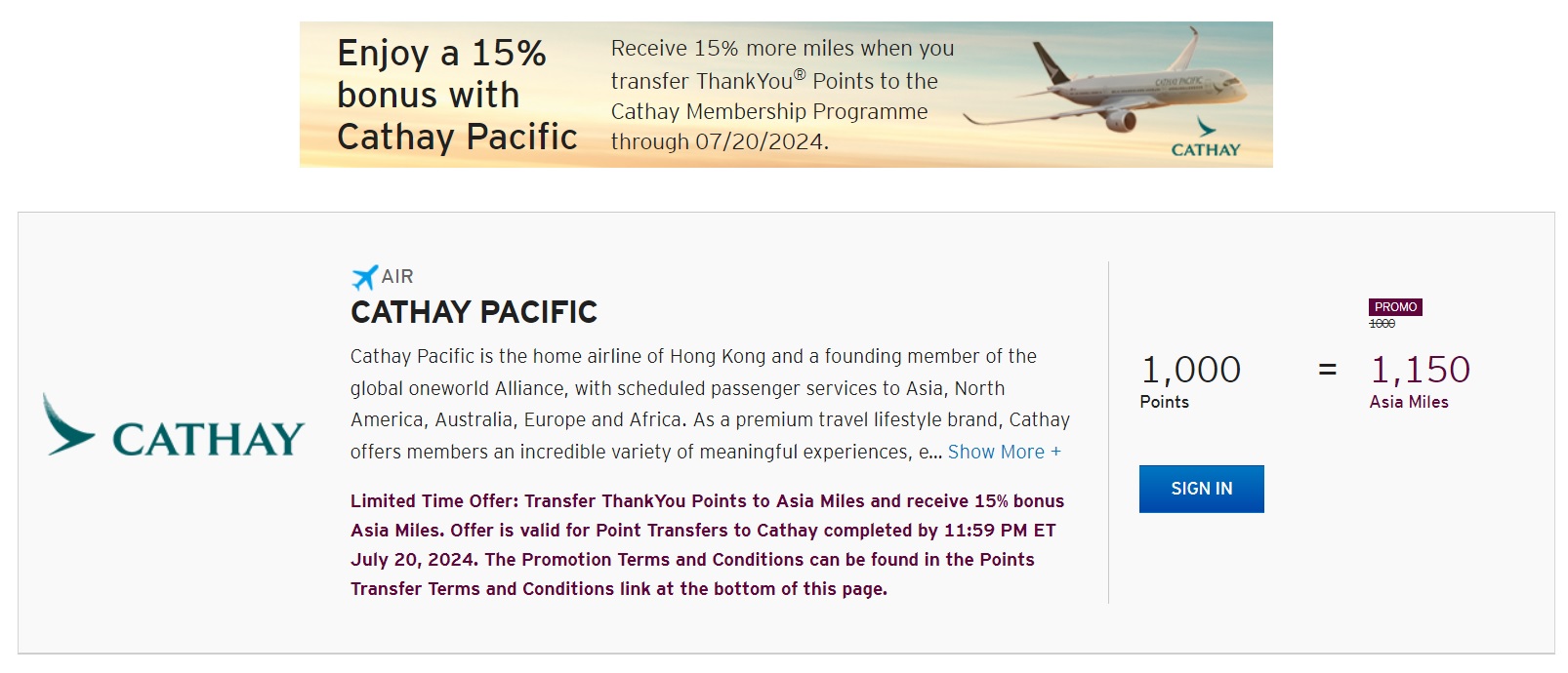 Citi ThankYou 15% transfer bonus to Cathay Pacific Asia Miles