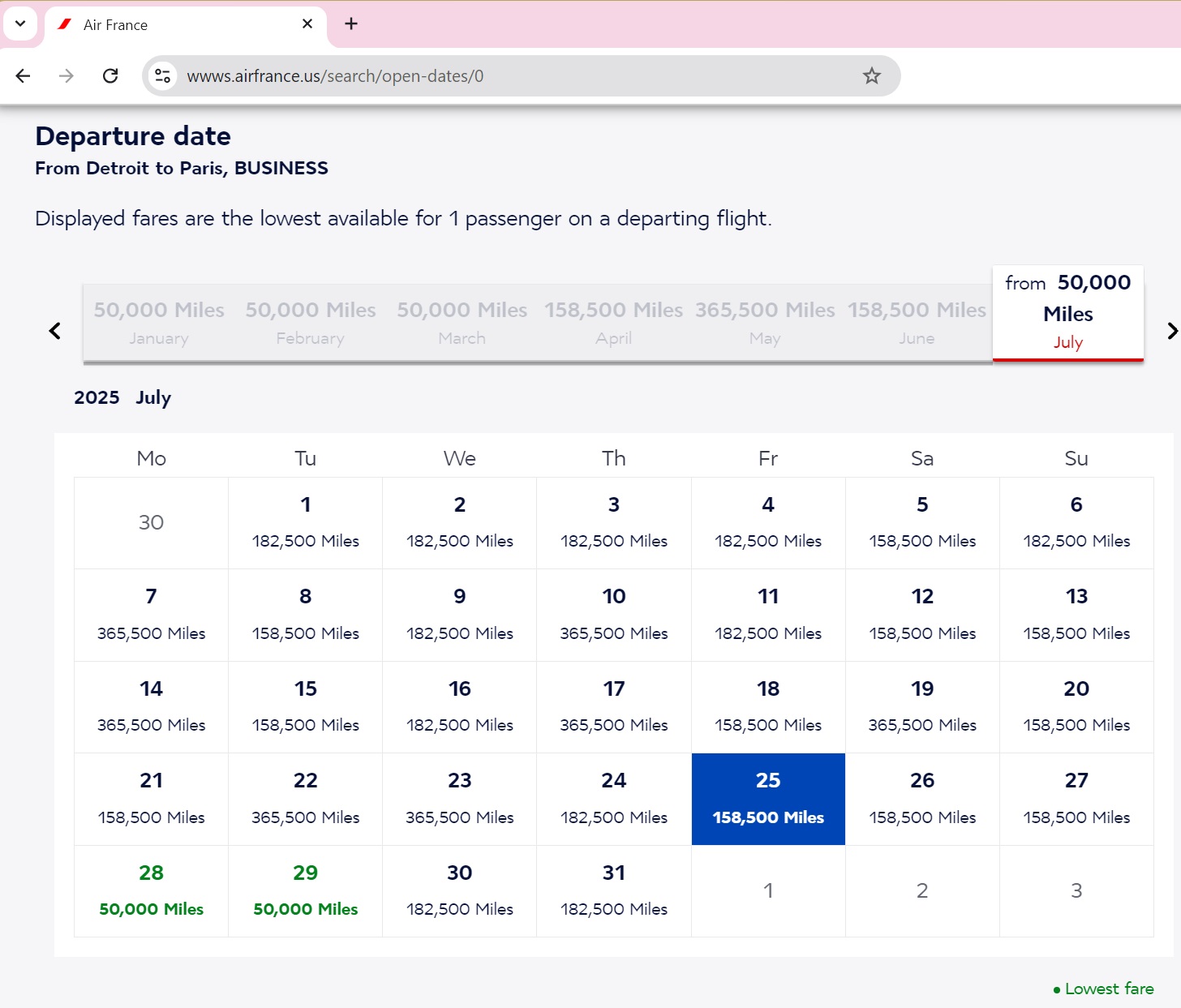 Image shows Flying Blue Award calendar with two months showing business class awards available for only 50,000 points