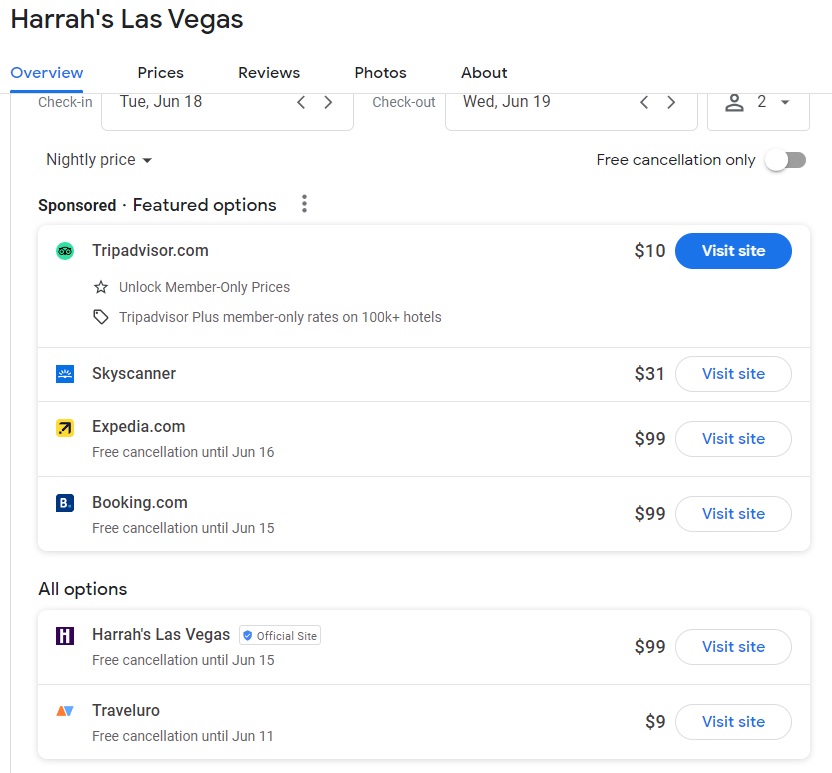 Google Travel hotel search results in Las Vegas
