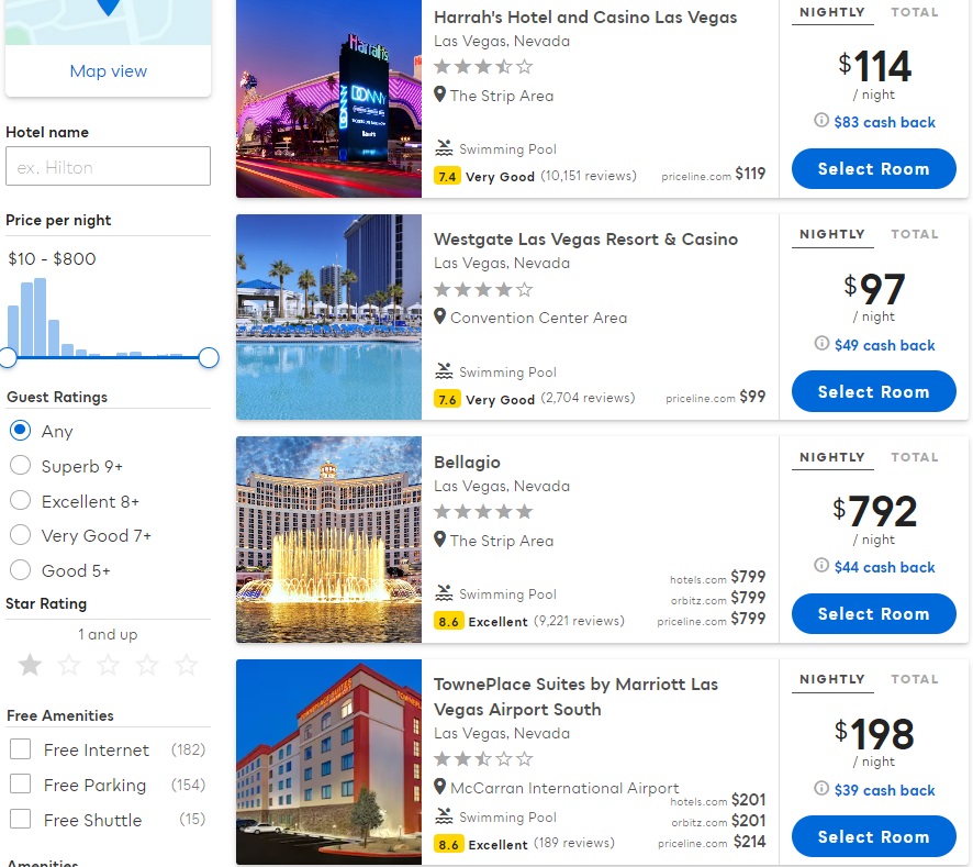Visa SavingsEdge hotel search results in Las Vegas