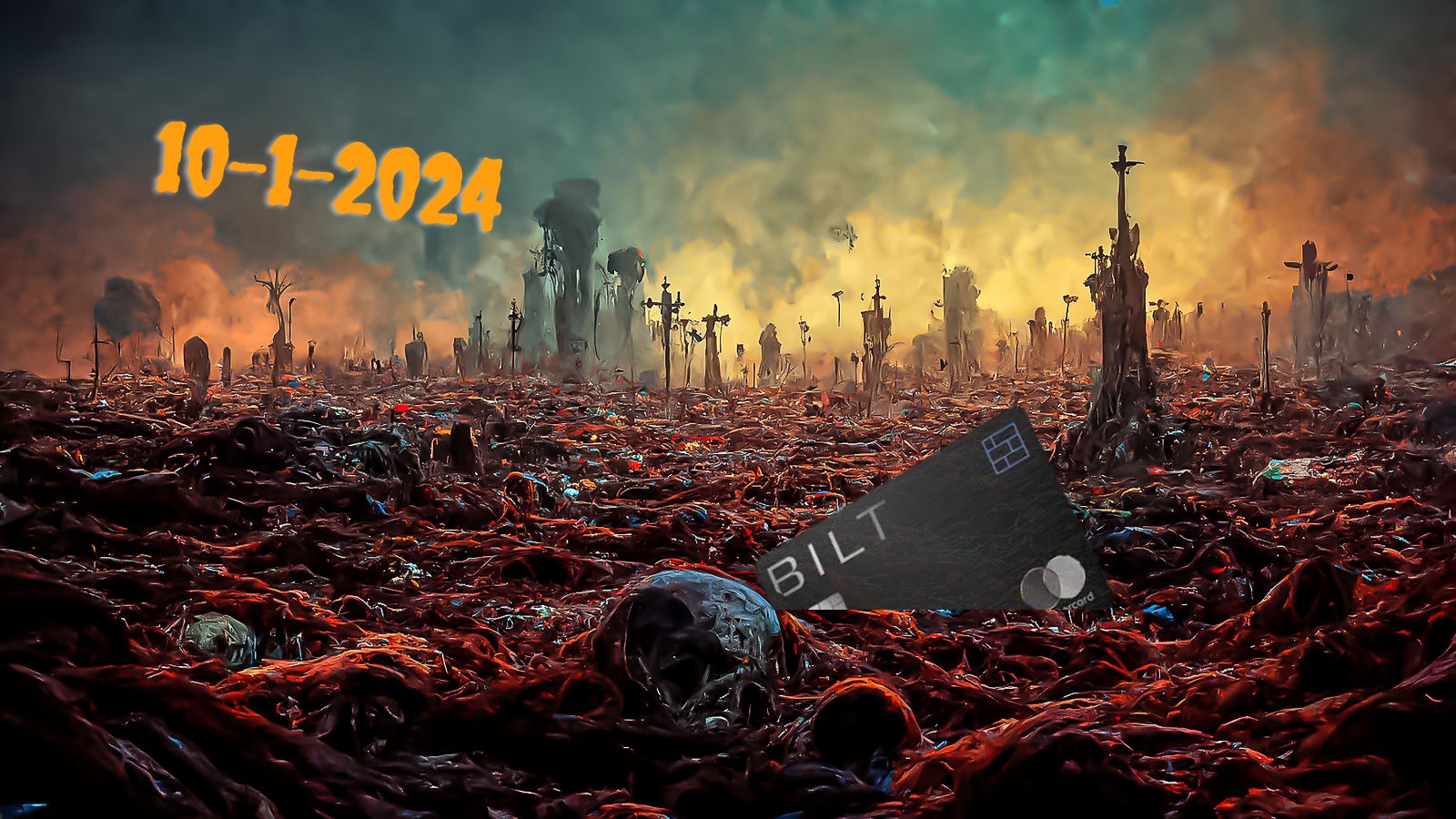 Doomsday image of destroyed city with Bilt card in the ashes and the date 10-1-2024 in the sky