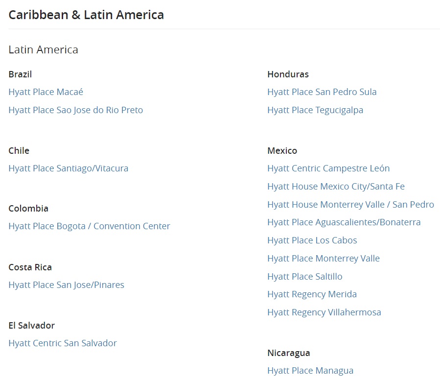 Category 1 Hyatt properties in Caribbean & Latin America
