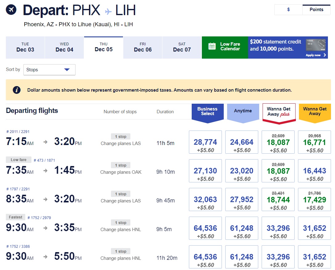 Southwest Hawaii sale example PHX-LIH