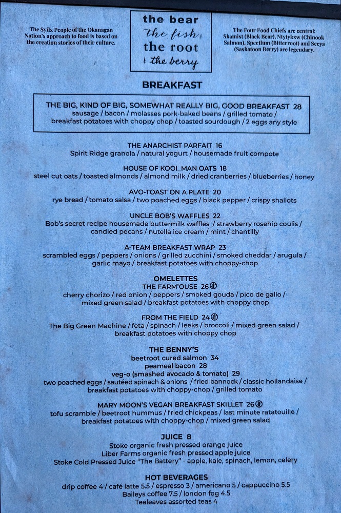 Spirit Ridge Resort in Osoyoos, Canada - The Bear, The Root, The Fish & The Berry - Weekday breakfast menu